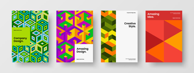 Amazing mosaic shapes magazine cover template set. Abstract company identity design vector layout collection.