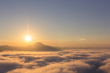 Beautiful sunlight and fog at Phu Thok Mountain at Chiang Khan ,Loei Province in Thailand