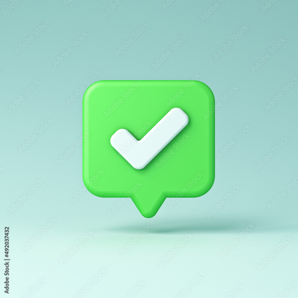 Fototapete 3d check mark icon on green speech bubble pin isolated on light blue green cyan pastel color background with shadow 3D rendering
