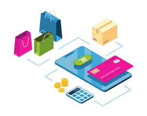 Vector isometric illustration, shopping in your smartphone. Shopping with credit card, online technology. Payment for parcels, goods