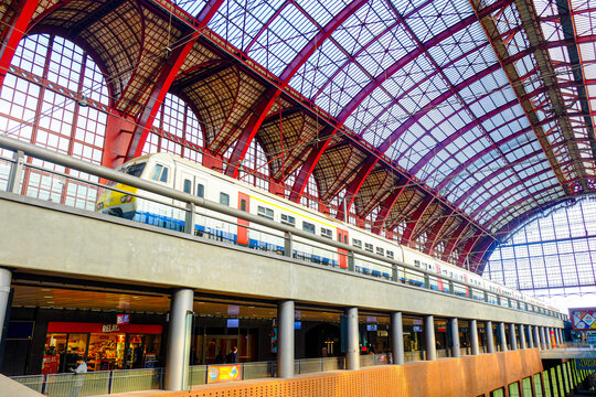 Antwerp, Belgium, May 2019, View on the majestic arrival hall of the central train station of Antwerp. Antwerp Central is the main station in the Belgian city of Antwerp.
