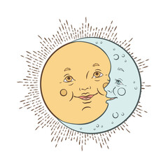 Vector baby celestial bodies - cute moon and sun. Pastel hand drawn nursery or textile design for kids