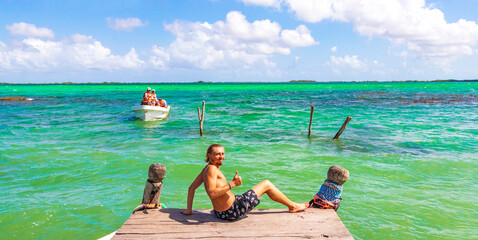 Tourist guide Muyil Lagoon panorama view with turquoise water Mexico.