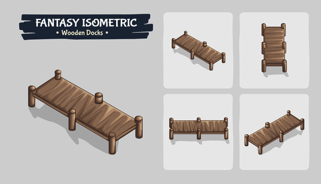 Wooden Docks Fantasy game assets - Isometric Vector Illustration