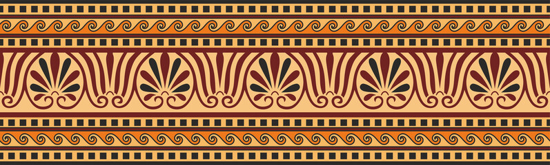 Vector colorful orange classic seamless european national ornament. Ethnic pattern of the Romanesque peoples. Border, frame of ancient greece, roman empire.
