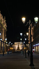 Malaya Sadovaya street with Alexandrinsky Theatre view in Saint Petersburg, Russia. Night scene with old european street lanterns. St Petersburg cityscape, night view