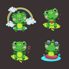 Cute green Frog. A set of frogs in different situations. Isolated vector illustration
