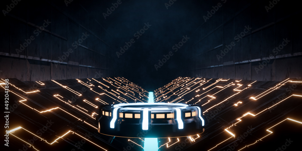 Poster 3d rendering sci-fi empty podium with yellow and light blue neon light for product display.
