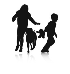 Silhouettes of children playing with a dog and a plush toy. The children are running away.