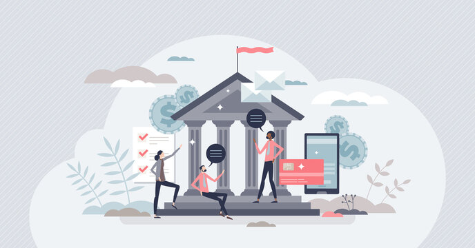 Government officials and national public building workers tiny person concept. Democratic community labor work in federal house vector illustration. Legal finance and economic ministry bank workers.