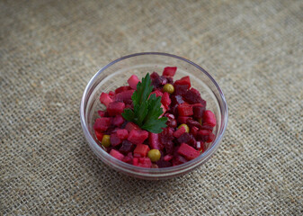 Salad vinaigrette. Sliced beets, potatoes, cucumber, carrots, peas and parsley