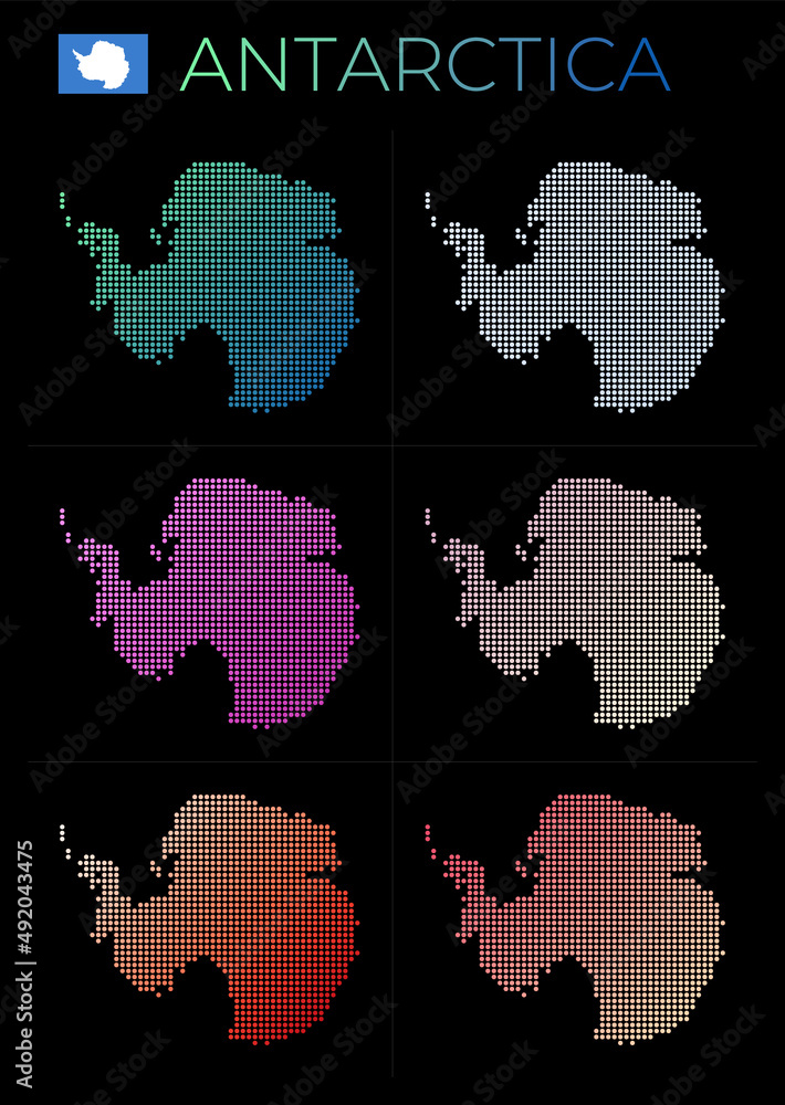 Poster antarctica dotted map set. map of antarctica in dotted style. borders of the country filled with bea