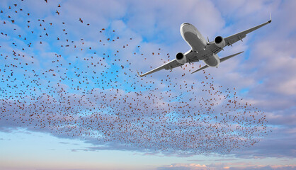 Flock of birds in front of airplane at airport
