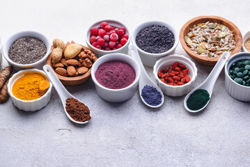 Various superfoods and healthy food supplement.