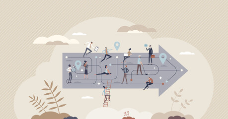 Change management and corporate further development tiny person concept. Innovation implementation and new plan direction for better business vector illustration. Teamwork challenge with common goal. - obrazy, fototapety, plakaty