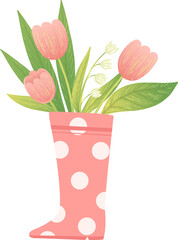 Blooming Pink Tulip with Green Leaves in Rubber Boot as Spring Flower Bunch © topvectors