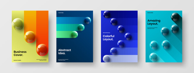 Multicolored 3D spheres journal cover template set. Bright booklet A4 vector design illustration collection.