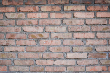 Red grunge brick wall, abstract background . Close up