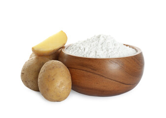Wooden bowl with starch and fresh potatoes on white background
