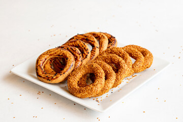 Traditional middle eastern sesame ring cookies called kandil simidi. Turkish sesame bagel. Close up