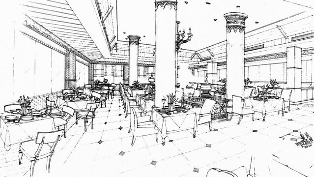 Painting animation of sketch architecture inside a restaurant. Sketching animation of the interior restaurant for presentation