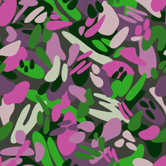 Abstract geometric bright seamless pattern with random rounded shapes in pink, green, purple and black