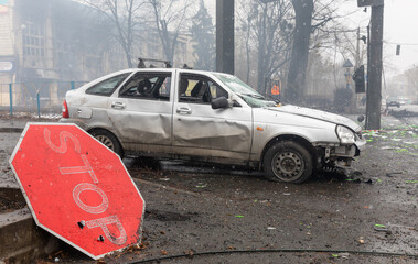 War in Ukraine. Streets of Kyiv after the rocket attack
