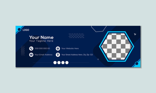 Modern professional email signature template with blue geometric abstract background