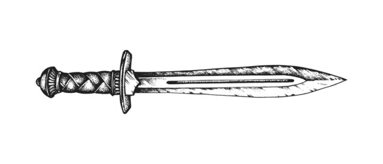 Roman Legionary Gladius Sword. Print or Tattoo Design. Hand Drawn Vector Illustration