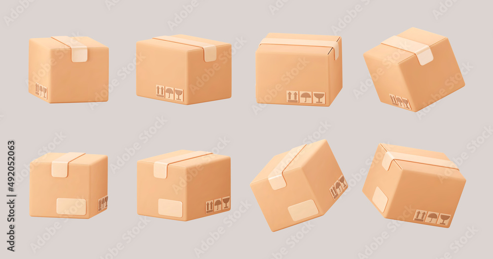 Wall mural 3d cardboard closed box icon set with symbols isolated on gray background. render delivery cargo box