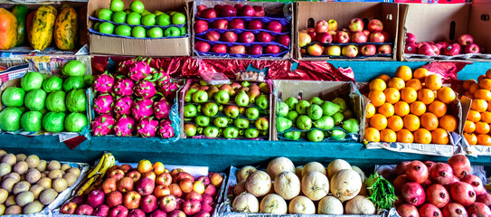 colourful summer season fruits in a shop