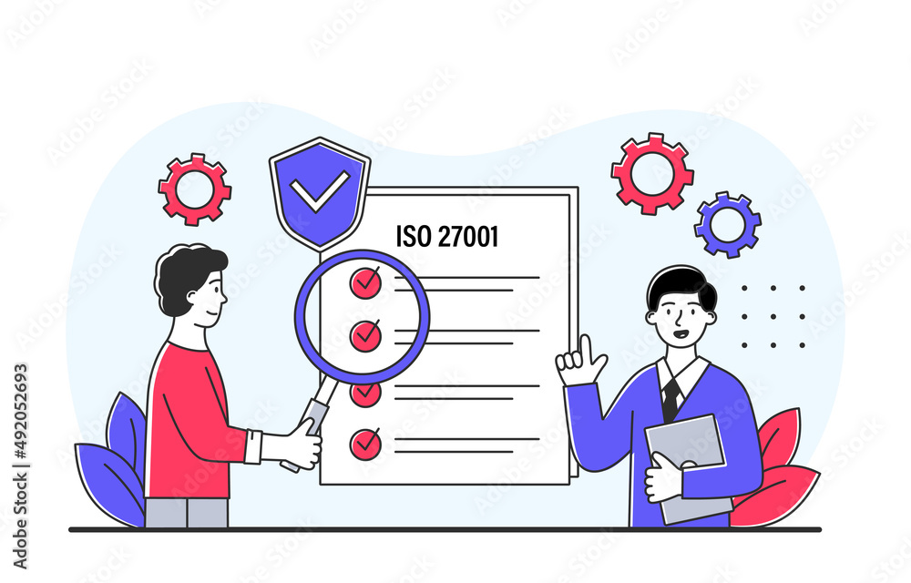 Poster concept of certification. two men with magnifying glass checking sheet of paper. evaluation of concl