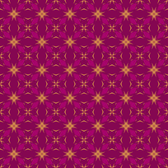 Fototapeta premium Abstract floral geometric ornament. Elegant vector seamless pattern with flower silhouettes, leaves, crosses, stars. Stylish background texture maroon and yellow tones. Repeat design for decor, fabric