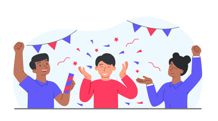 Concept of congratulation. Group of young guys with confetti. Holiday and greeting or invitation card. Birthday and holidays, friends. Party indoor, happiness. Cartoon flat vector illustration