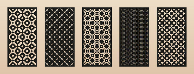 Laser cut pattern set. Vector collection with floral geometric ornament, abstract grid, mesh. Moroccan style design. Template for cnc cutting, decorative panels of wood, metal, paper. Aspect ratio 1:2