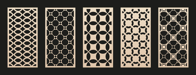 Laser cut pattern collection. Vector set of panels with geometric ornament, abstract circular grid. Traditional oriental style design. Template for cnc cutting of wood, metal, paper. Aspect ratio 1:2