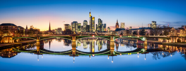 Frankfurt am Main skyline panorama at sunset, Hesse, Germany