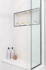 A shower detail shot with marble tiled walls and shelf. Small plants sit in the shelf while shampoo bottles and sponge sit on the bench seat. - obrazy, fototapety, plakaty