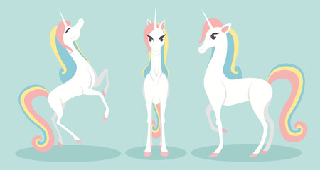 Vector illustration cute and beautiful unicorn on white background. Charming character in different poses in cartoon style.