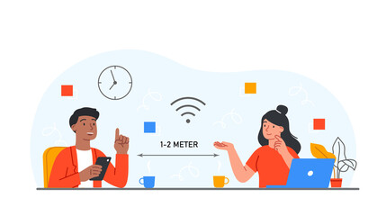 Concept of social distance. Man and girl communicate at distance. Health care, coronavirus pandemic and epidemic. Teamwork and colleagues, security and safety. Cartoon flat vector illustration