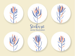 Fototapeta na wymiar Vector floral icon set. Abstract Print with Leucadendron flowers, watercolor illustration. Cute summer, spring garden. Sketch, doodle, hand drawn Ornament. Isolated Stickers design 