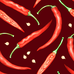 Seamless pattern of Hot pepper.Watercolor illustration.Isolated on a dark red background.For design.