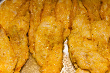 Fried chicken chops in egg batter close-up. Food Textures.