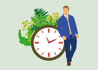 Colorful vector illustration of a man leaning to a clock, time management concept, leaves in the background