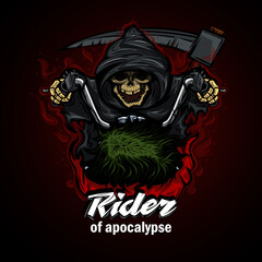 Death on a motorcycle with a scythe behind him and with phrase Rider of Apocalypse.