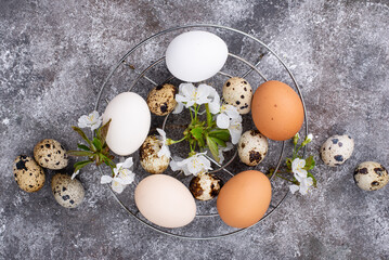 Easter concept. Chicken and quail eggs.