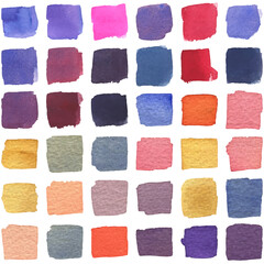Multicolored brush strokes with watercolor texture. Gradients with overlay. Paper texture. White background.
