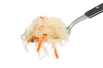 Spoon of tasty fermented cabbage with carrot on white background