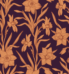 Trendy floral cozy boho tones seamless pattern with elegant hand drawn flowers daffodils, narcissus in full bloom on earthy colors background.