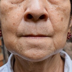 Aging skin folds or skin creases or wrinkles at face of Asian, Chinese old woman.